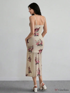 Vestido Midi Justo Floral Com Alças Finas Elegante