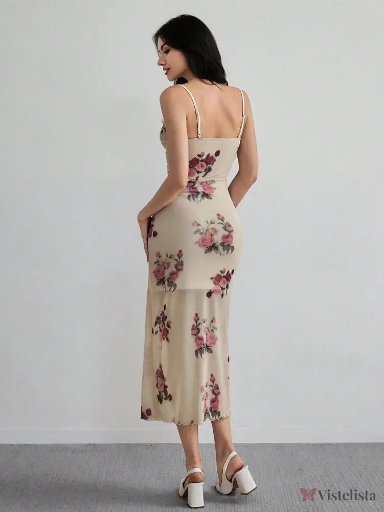 Vestido Midi Justo Floral Com Alças Finas Elegante