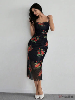 Vestido Midi Justo Floral Com Alças Finas Elegante