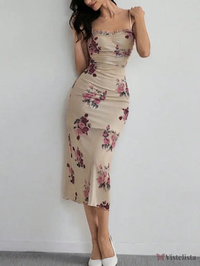 Vestido Midi Justo Floral Com Alças Finas Elegante