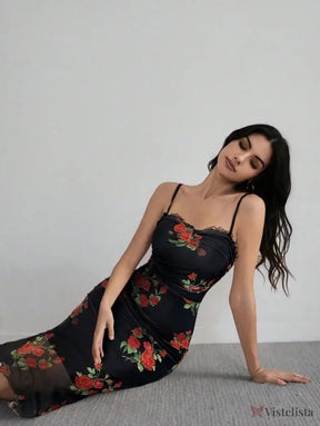 Vestido Midi Justo Floral Com Alças Finas Elegante