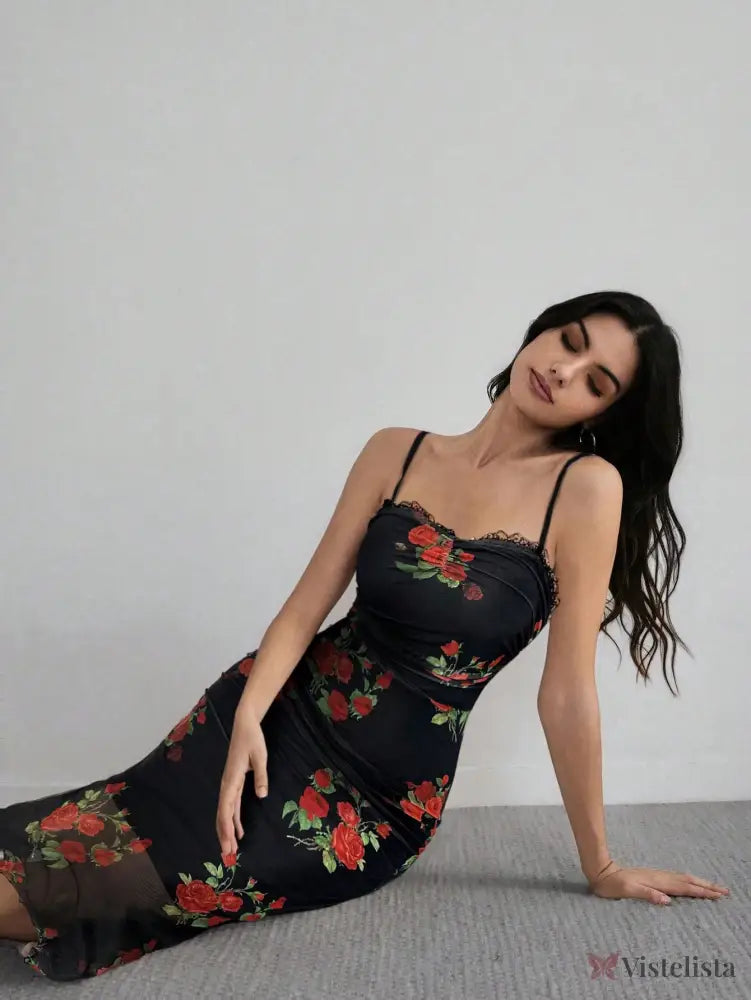 Vestido Midi Justo Floral Com Alças Finas Elegante