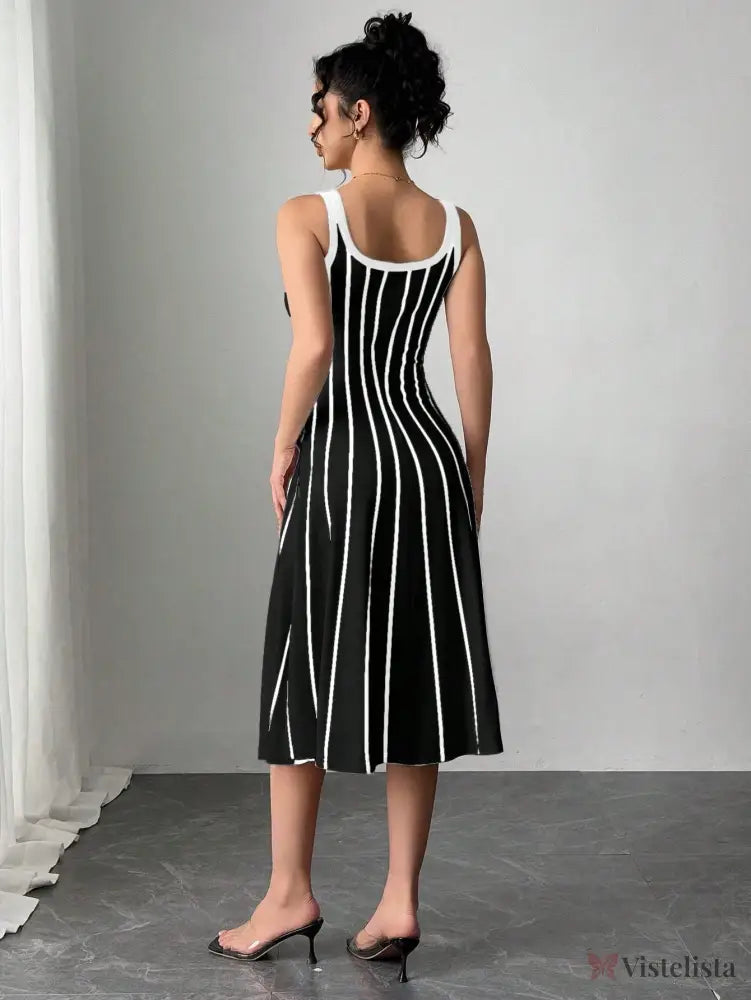 Vestido Midi Justo Listrado Com Decote Quadrado