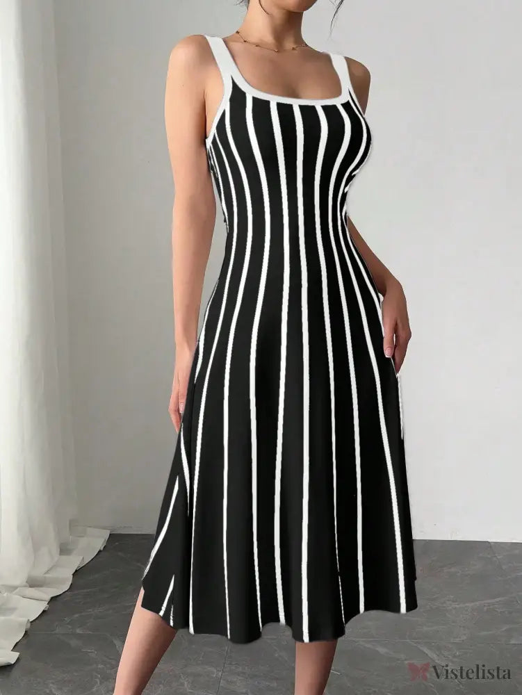 Vestido Midi Justo Listrado Com Decote Quadrado