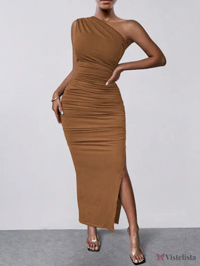 Vestido Midi Justo Um Ombro Só Com Drapeado Sofisticado