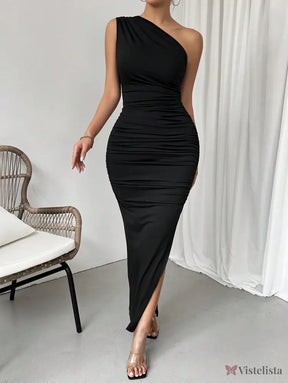 Vestido Midi Justo Um Ombro Só Com Drapeado Sofisticado