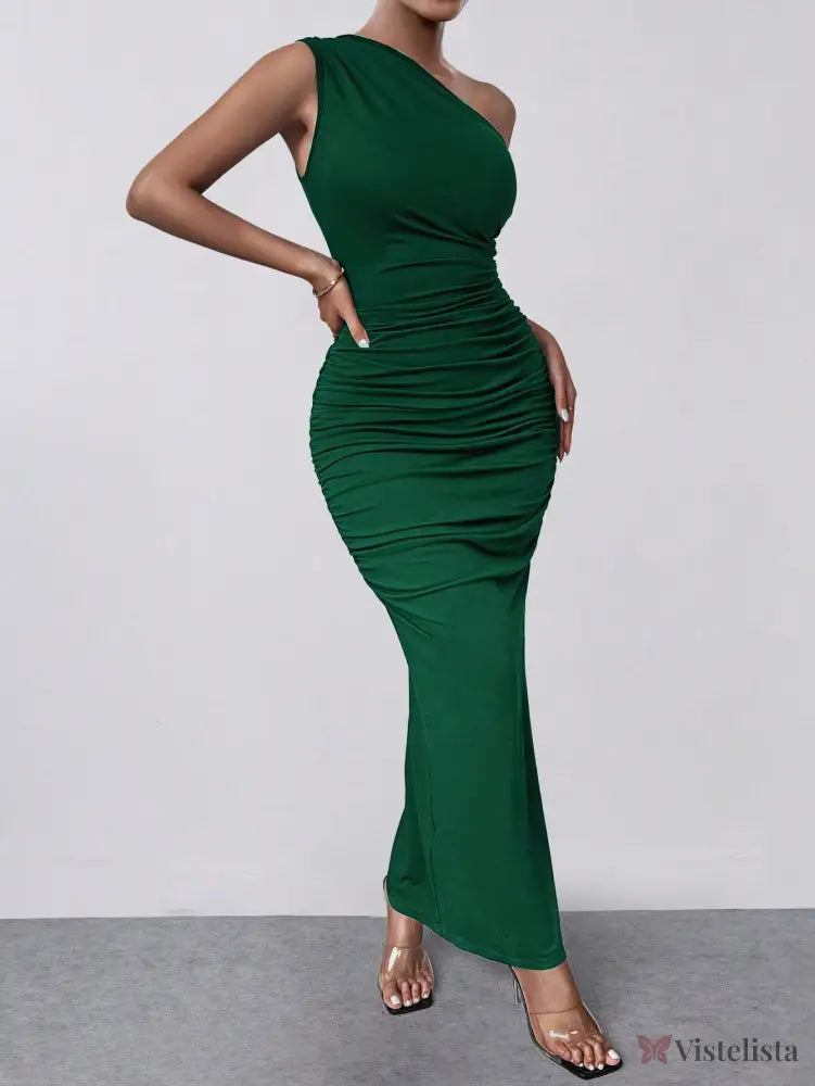 Vestido Midi Justo Um Ombro Só Com Drapeado Sofisticado