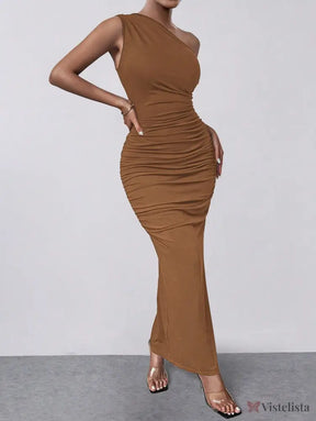 Vestido Midi Justo Um Ombro Só Com Drapeado Sofisticado