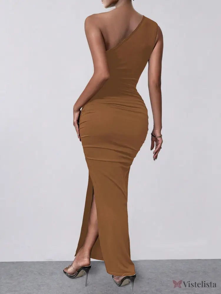 Vestido Midi Justo Um Ombro Só Com Drapeado Sofisticado