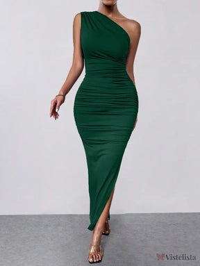 Vestido Midi Justo Um Ombro Só Com Drapeado Sofisticado