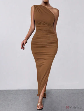 Vestido Midi Justo Um Ombro Só Com Drapeado Sofisticado