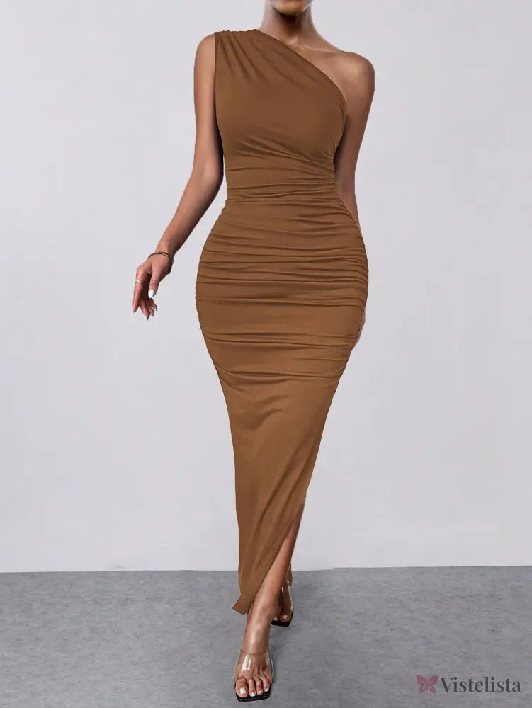 Vestido Midi Justo Um Ombro Só Com Drapeado Sofisticado