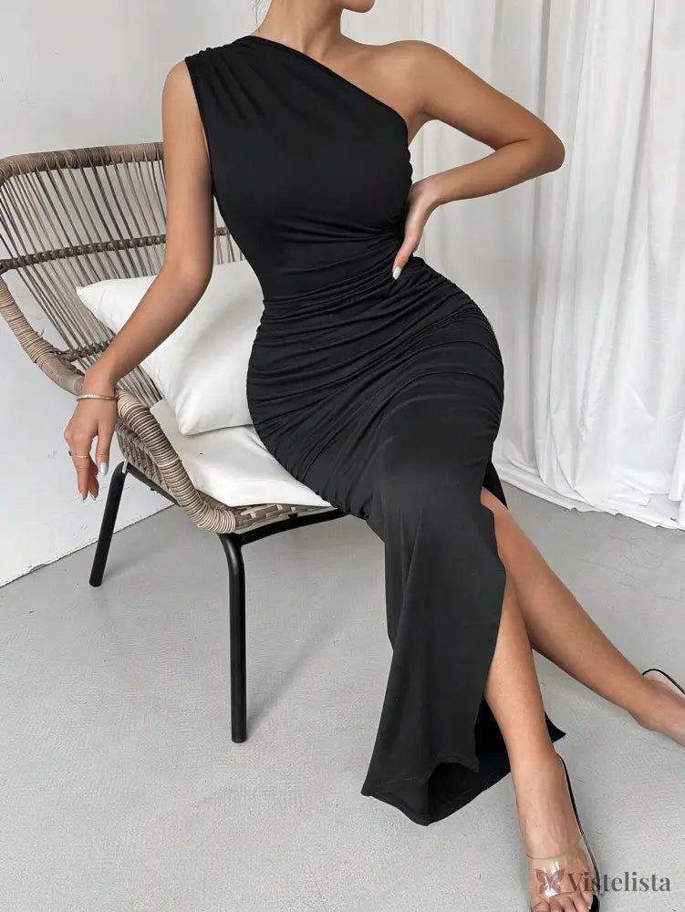 Vestido Midi Justo Um Ombro Só Com Drapeado Sofisticado