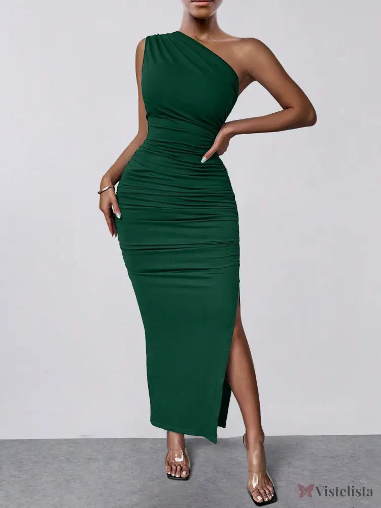 Vestido Midi Justo Um Ombro Só Com Drapeado Sofisticado