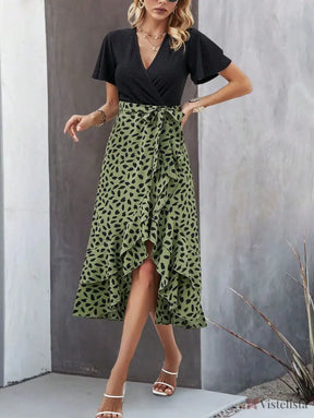 Vestido Midi Transpassado Com Saia Estampada