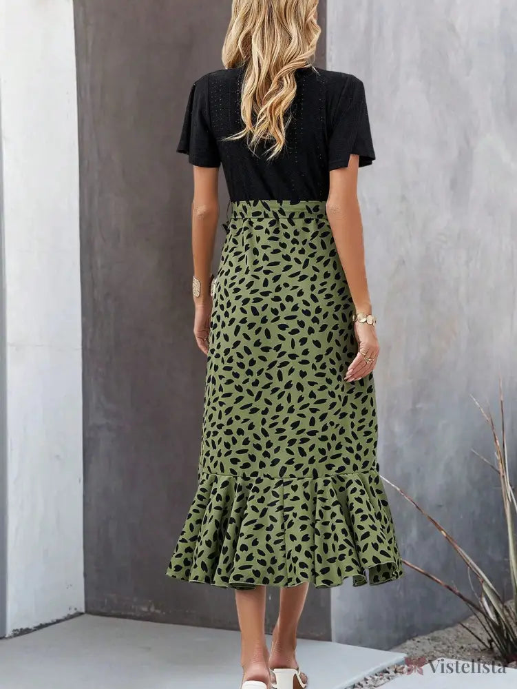 Vestido Midi Transpassado Com Saia Estampada