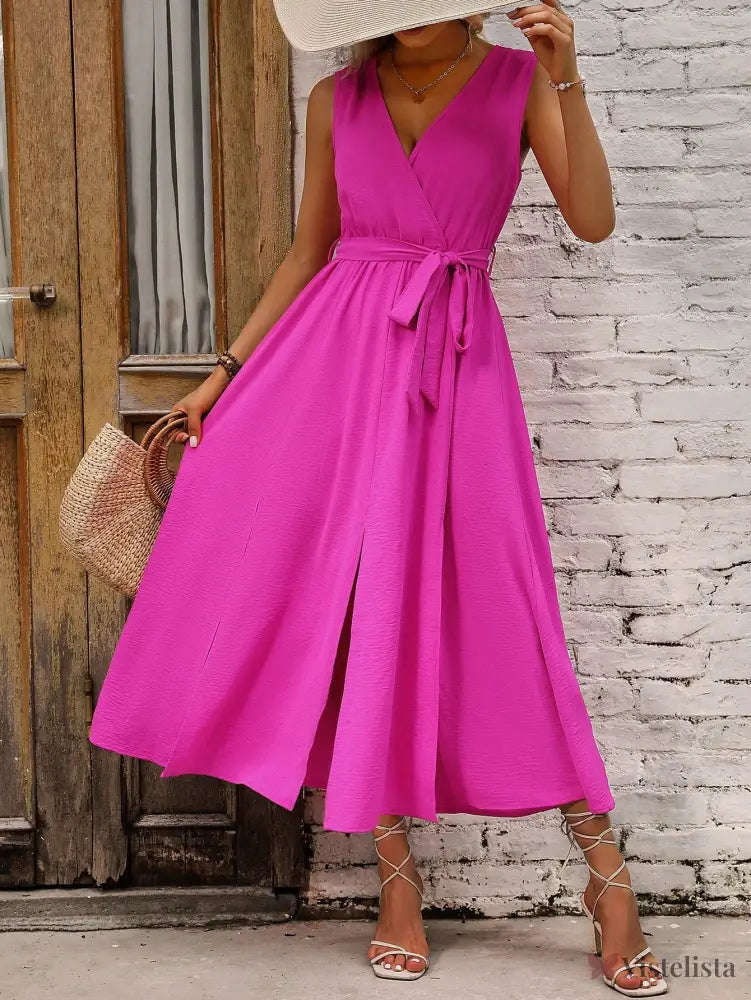 Vestido Midi Transpassado Feminino Com Faixa Na Cintura