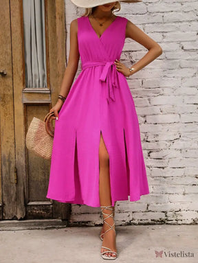 Vestido Midi Transpassado Feminino Com Faixa Na Cintura