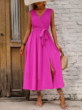 Vestido Midi Transpassado Feminino Com Faixa Na Cintura