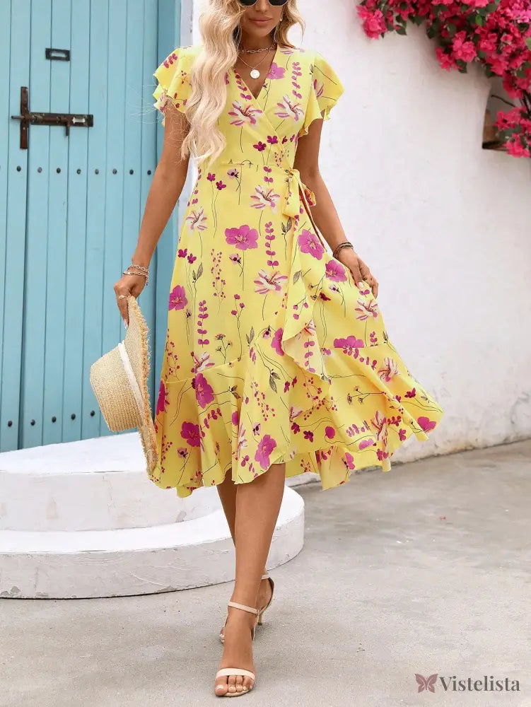 Vestido Midi Transpassado Feminino Decote V Fluido