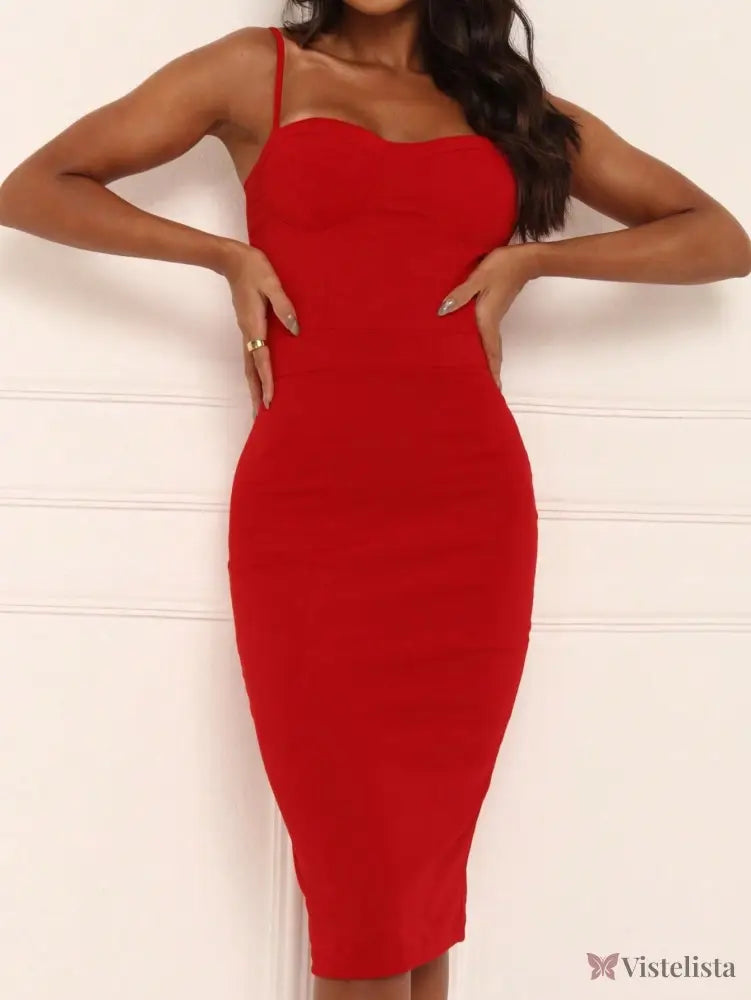 Vestido Midi Tubinho Justo Alças Finas Com Bojo Estruturado