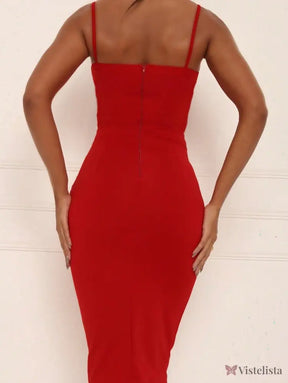 Vestido Midi Tubinho Justo Alças Finas Com Bojo Estruturado