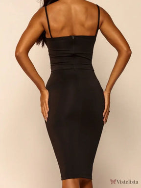 Vestido Midi Tubinho Justo Alças Finas Com Bojo Estruturado