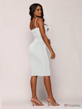 Vestido Midi Tubinho Justo Alças Finas Com Bojo Estruturado