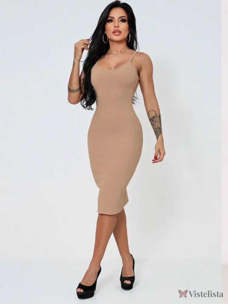 Vestido Midi Tubinho Justo Alças Finas Minimalista