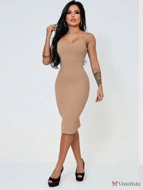 Vestido Midi Tubinho Justo Alças Finas Minimalista