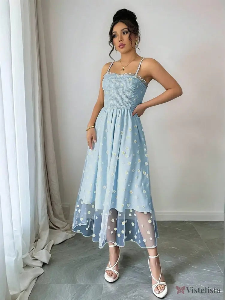 Vestido Midi Tule Bordado Com Estampa De Margaridas