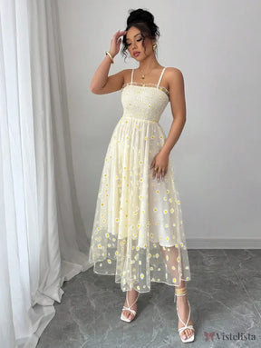 Vestido Midi Tule Bordado Com Estampa De Margaridas
