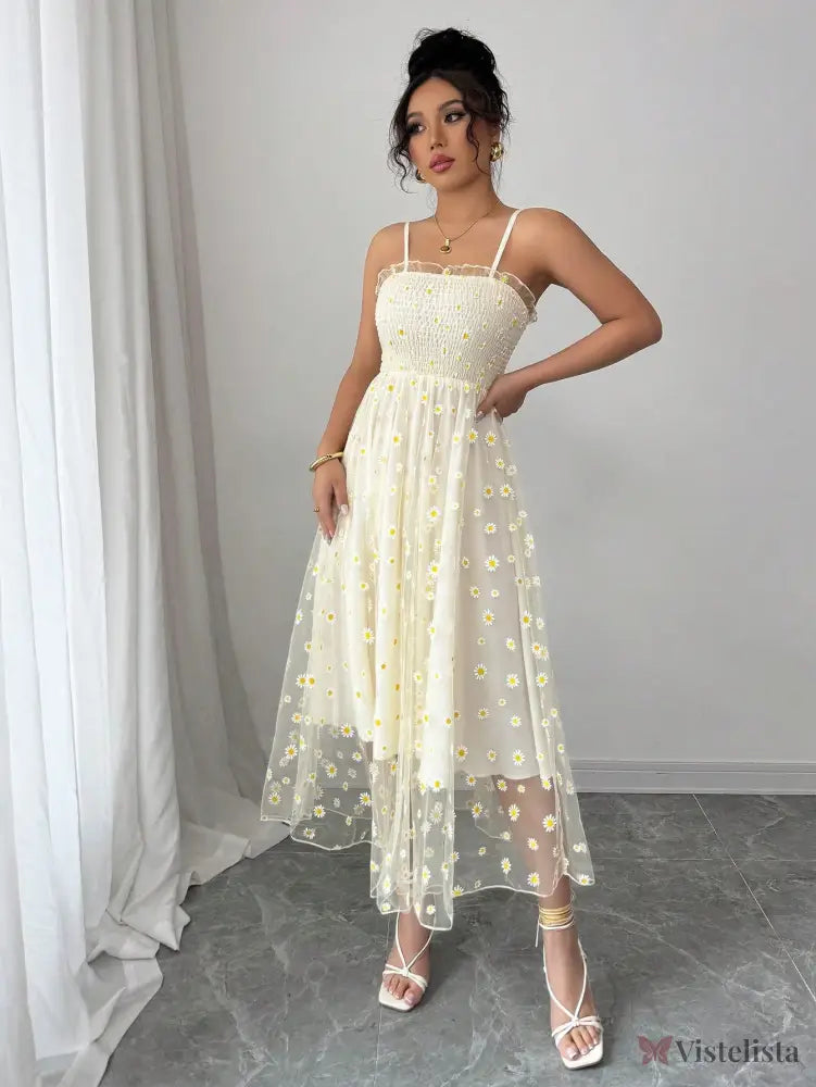 Vestido Midi Tule Bordado Com Estampa De Margaridas