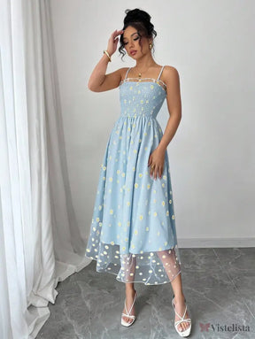 Vestido Midi Tule Bordado Com Estampa De Margaridas