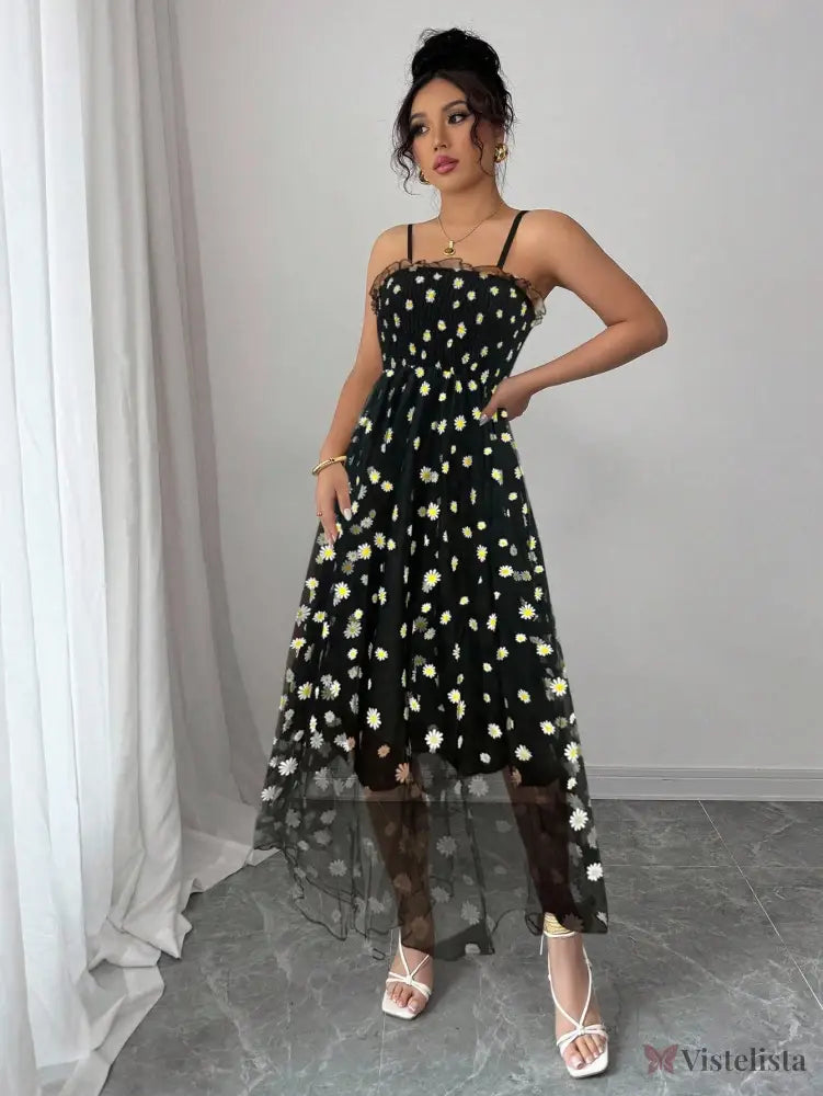 Vestido Midi Tule Bordado Com Estampa De Margaridas