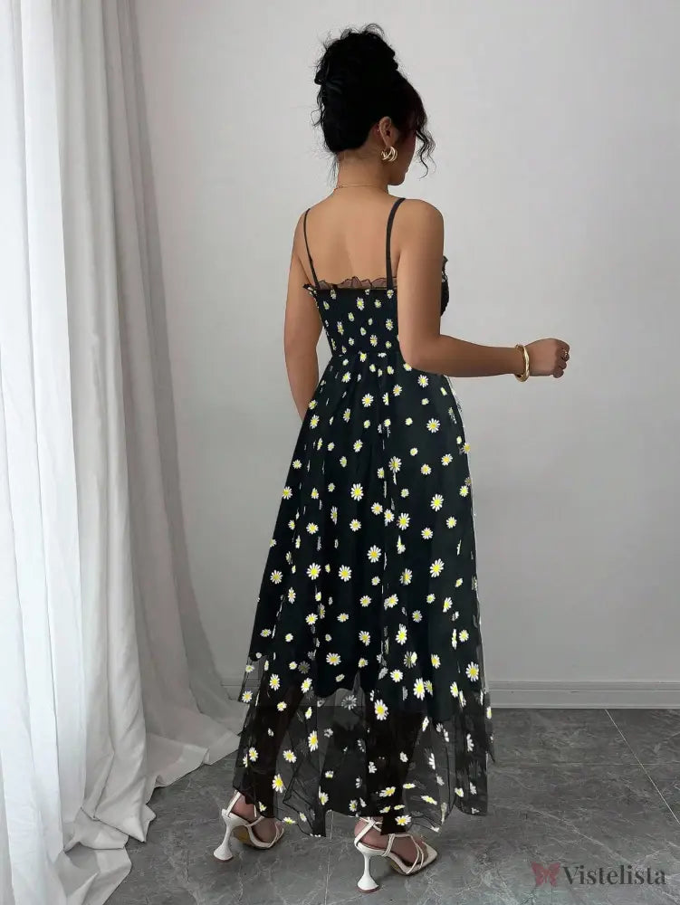 Vestido Midi Tule Bordado Com Estampa De Margaridas