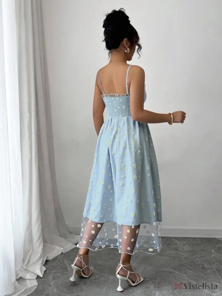 Vestido Midi Tule Bordado Com Estampa De Margaridas