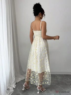 Vestido Midi Tule Bordado Com Estampa De Margaridas