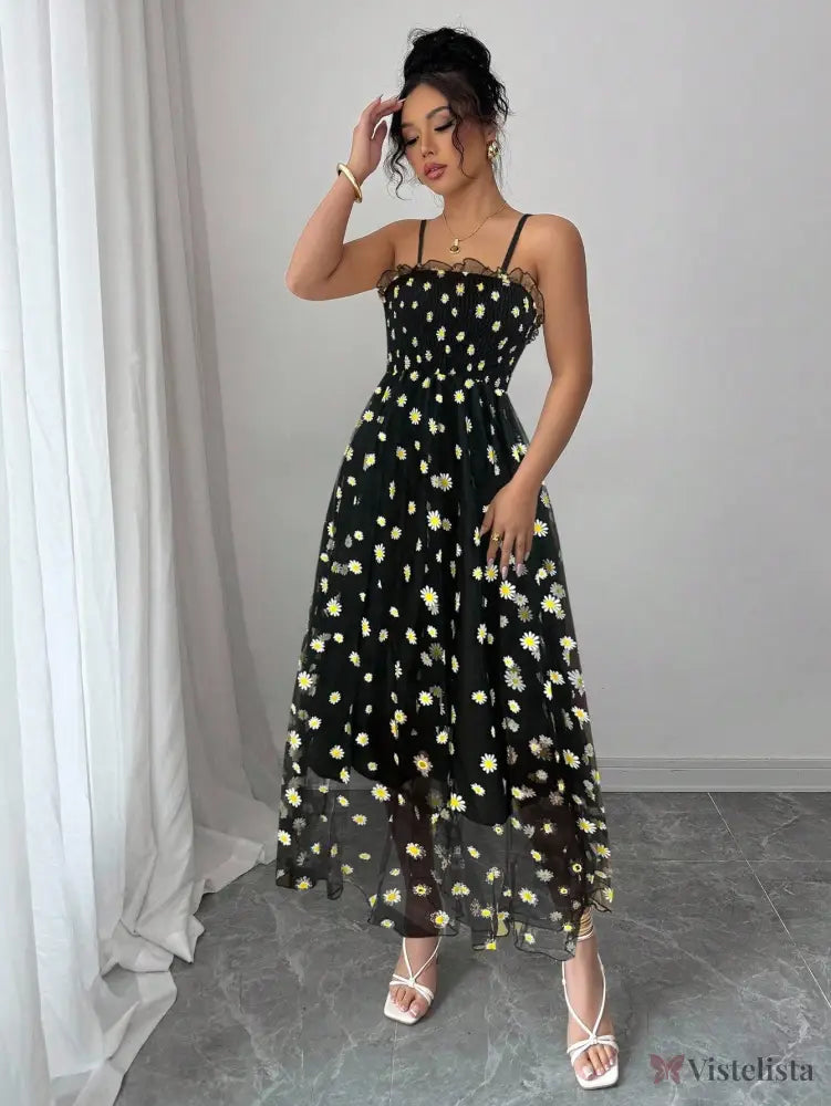 Vestido Midi Tule Bordado Com Estampa De Margaridas