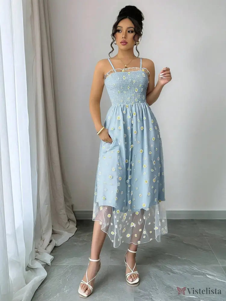 Vestido Midi Tule Bordado Com Estampa De Margaridas