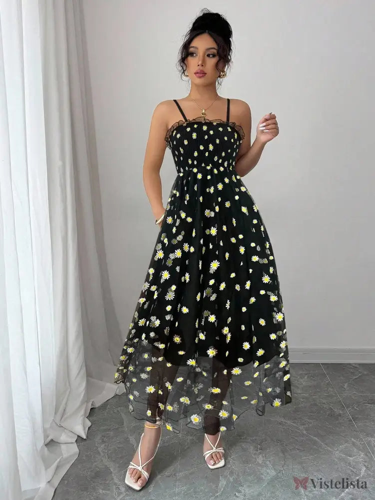 Vestido Midi Tule Bordado Com Estampa De Margaridas