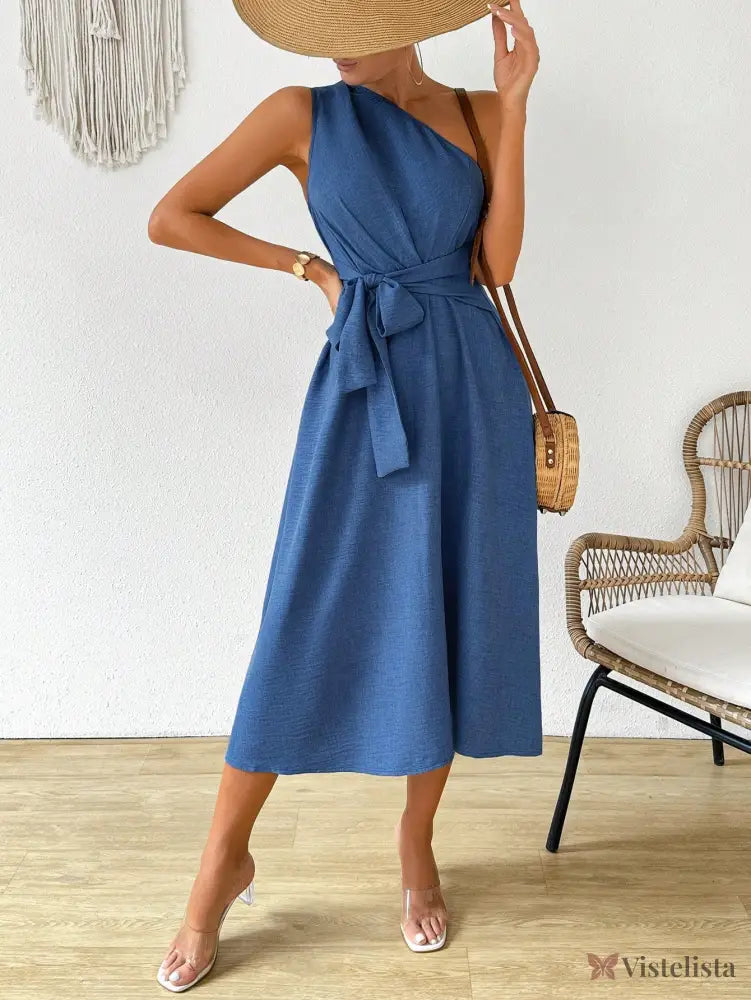 Vestido Midi Um Ombro Só Com Amarração Na Cintura
