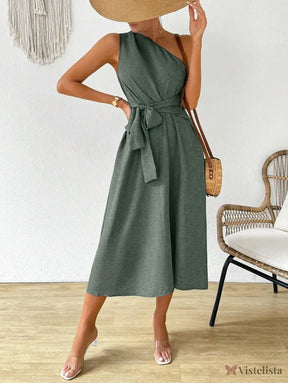 Vestido Midi Um Ombro Só Com Amarração Na Cintura