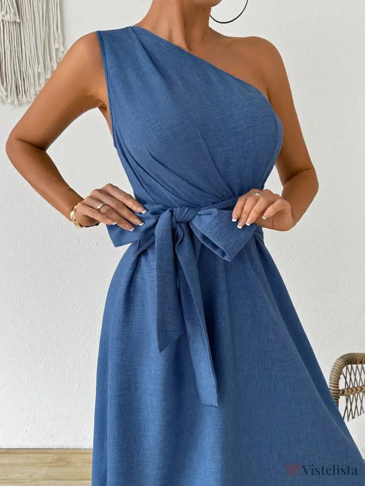 Vestido Midi Um Ombro Só Com Amarração Na Cintura