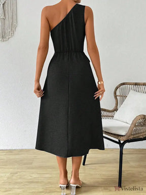 Vestido Midi Um Ombro Só Com Amarração Na Cintura