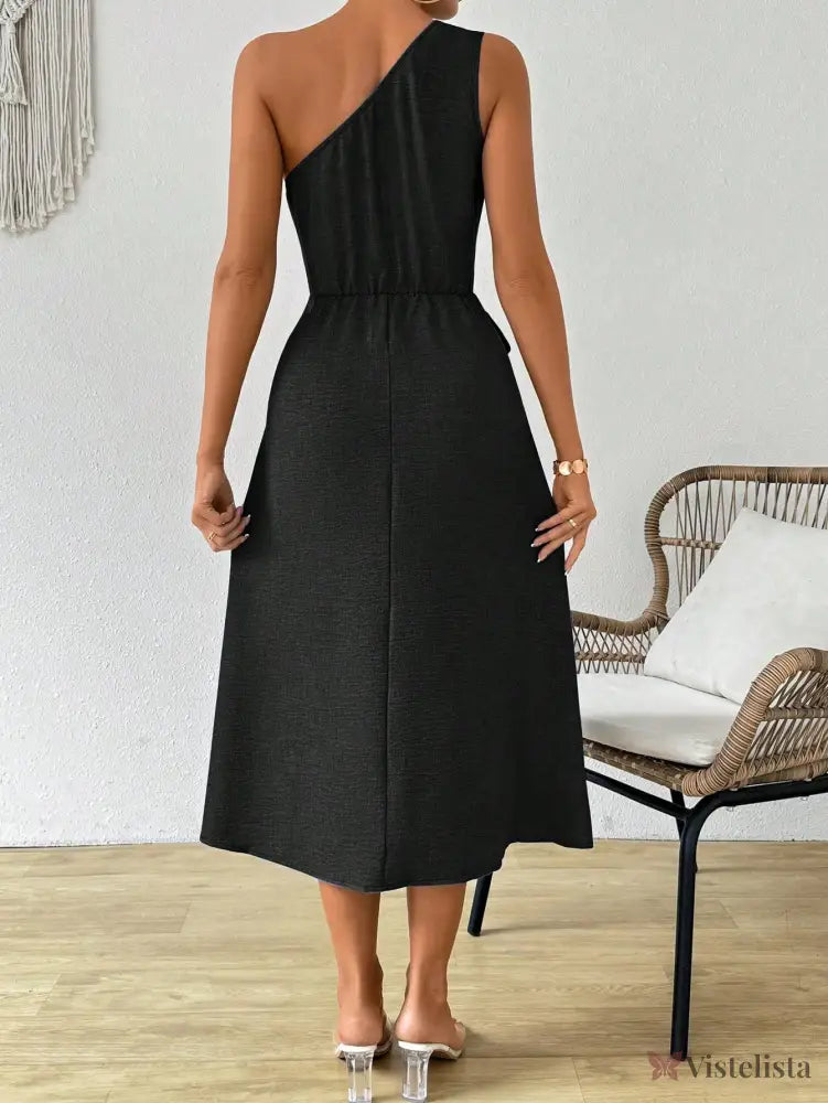 Vestido Midi Um Ombro Só Com Amarração Na Cintura