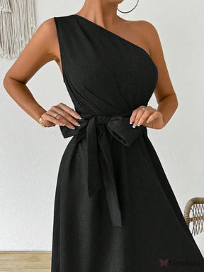 Vestido Midi Um Ombro Só Com Amarração Na Cintura
