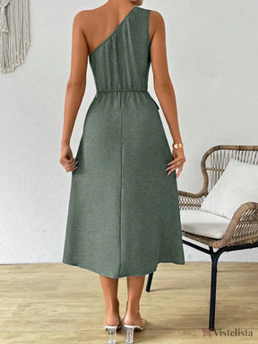 Vestido Midi Um Ombro Só Com Amarração Na Cintura
