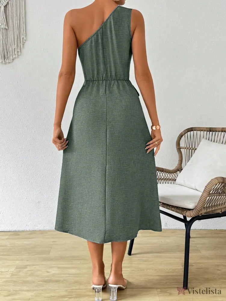 Vestido Midi Um Ombro Só Com Amarração Na Cintura