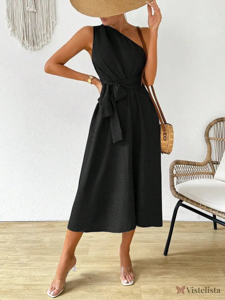 Vestido Midi Um Ombro Só Com Amarração Na Cintura